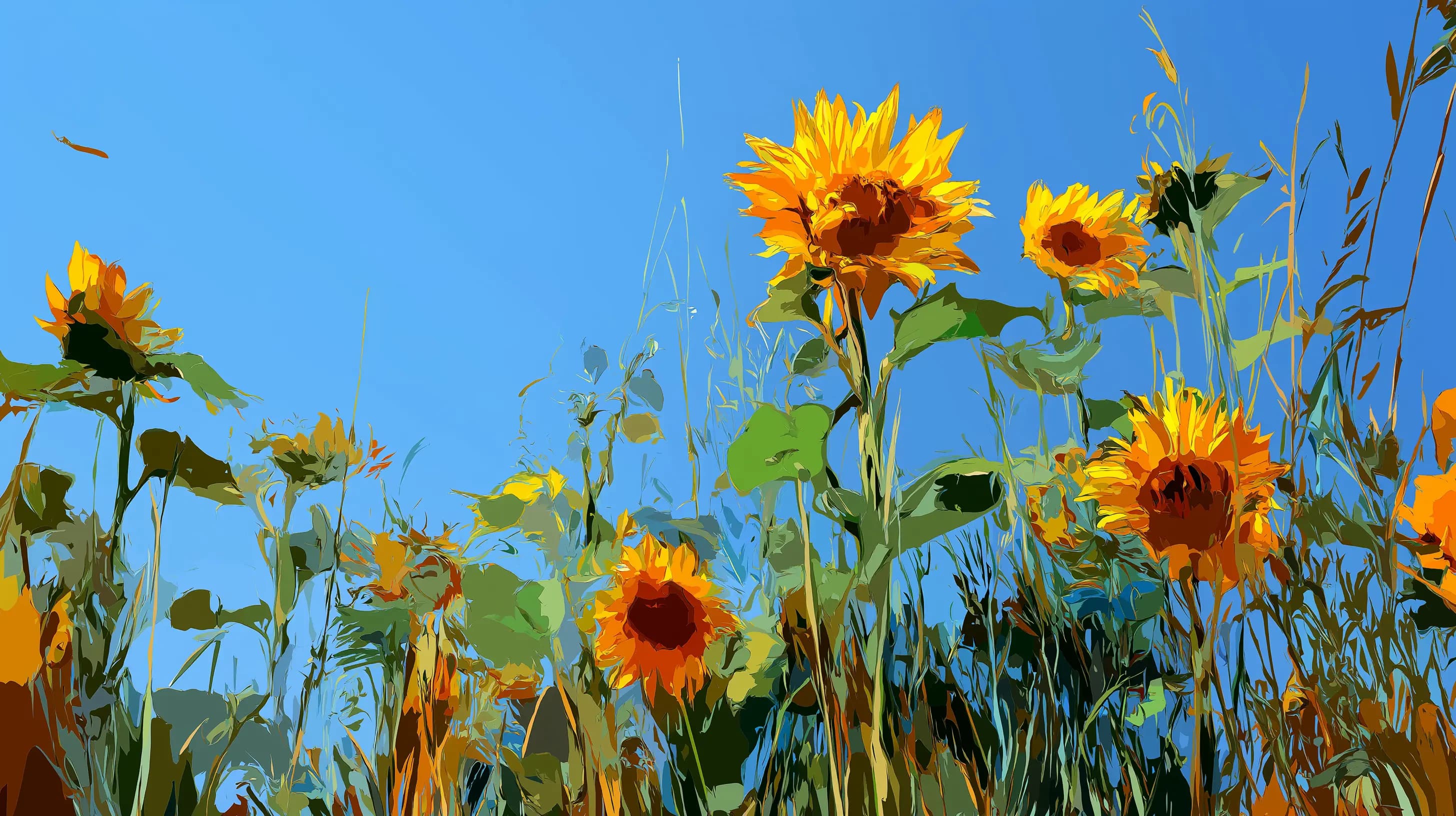 Field of sunflowers under a blue sky